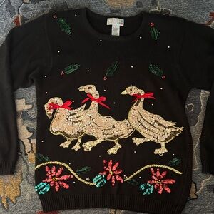 Festive Black Sweater with Sequin Geese claudia barnes sz small animal crewneck